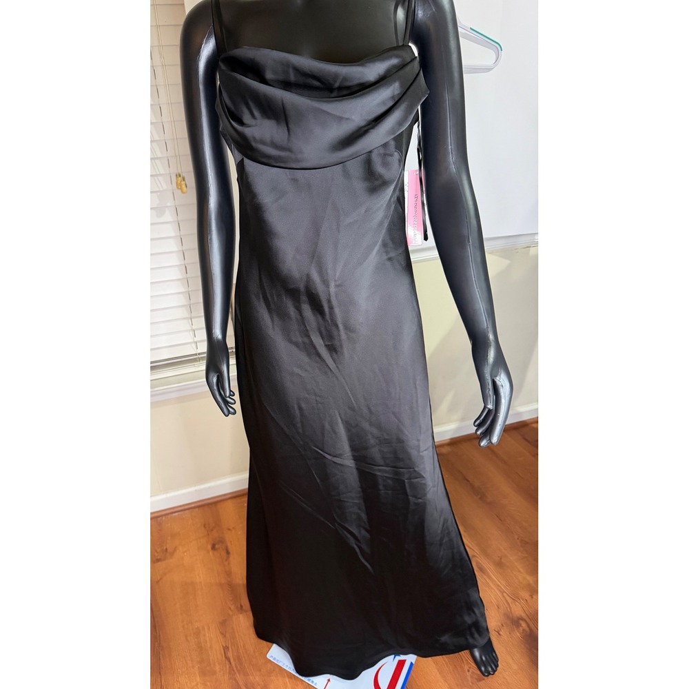 Aqua Black Satin Cowl Neck Lace Back Maxi Gown Dress Size 8 NWT